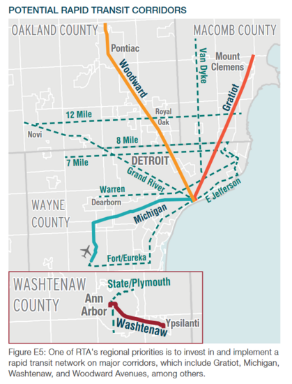 Potential Rapid Transit Corridors: Woodward, Michigan, Gratiot, and Washtenaw between Ann Arbor and Ypsilanti